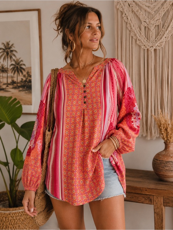 figueroa & flower Tops - Women’s Pink Bohemian Long-Sleeve Peasant Blouse